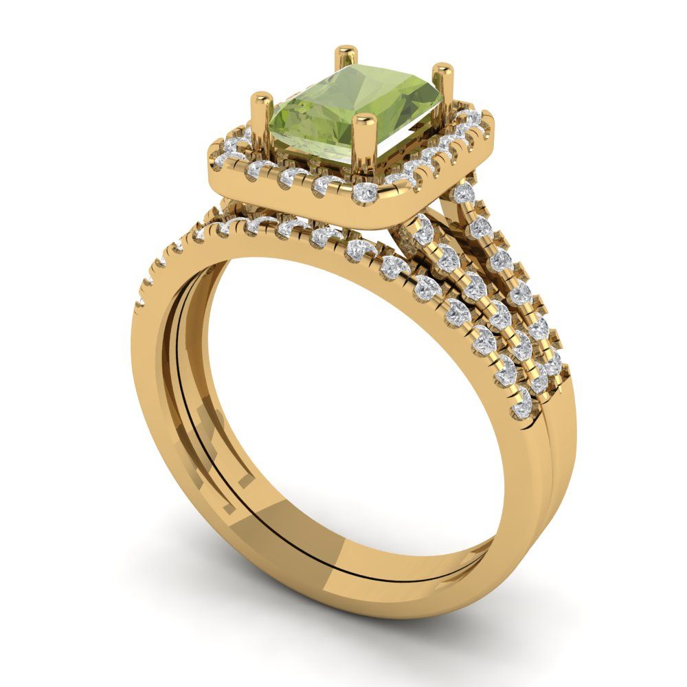 1.72 cttw Emerald Cut Natural Peridot Bridal Set - Solid Yellow Gold Engagement Ring & Wedding Band