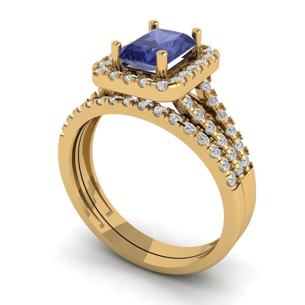1.72 cttw Emerald Cut Simulated Tanzanite Bridal Set - Solid Yellow Gold Engagement Ring & Wedding Band