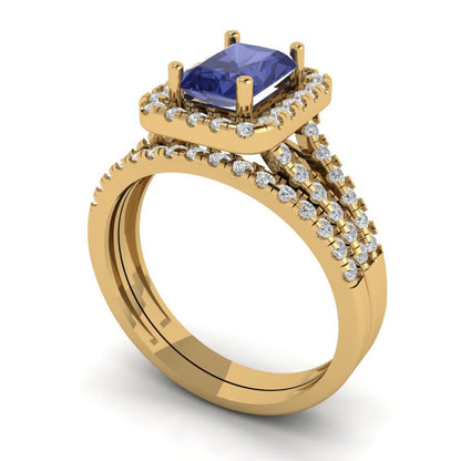 1.72 cttw Emerald Cut Simulated Tanzanite Bridal Set - Solid Yellow Gold Engagement Ring & Wedding Band
