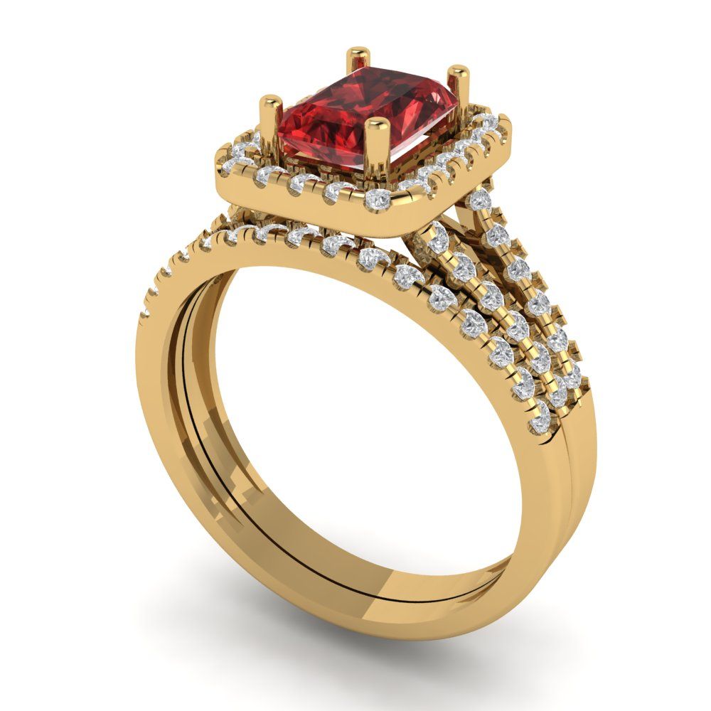 1.72 cttw Emerald Cut Natural Garnet Bridal Set - Solid Yellow Gold Engagement Ring & Wedding Band