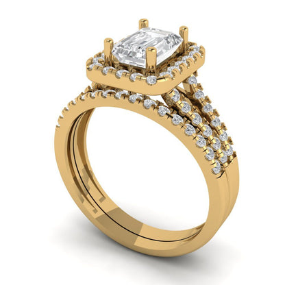 1.57 ct Brilliant Emerald Cut Natural Diamond Stone Clarity VS1-2 Color G-H Yellow Gold Halo Solitaire with Accents Bridal Set