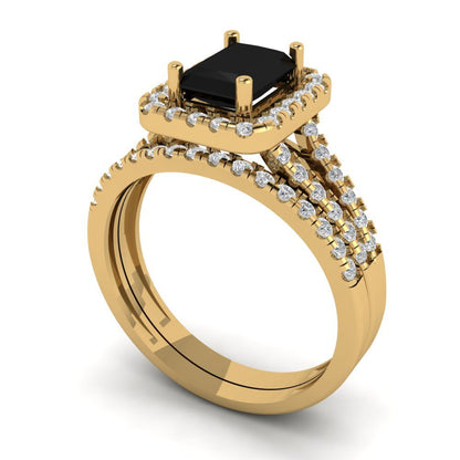 1.72 cttw Emerald Cut Natural Onyx Bridal Set - Solid Yellow Gold Engagement Ring & Wedding Band