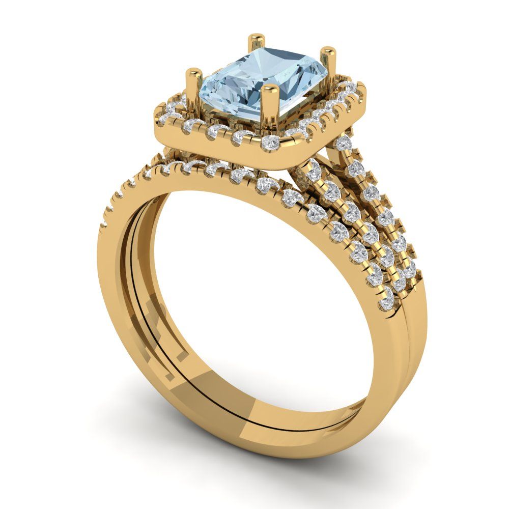 1.72 cttw Emerald Cut Natural Swiss Blue Topaz Bridal Set - Solid Yellow Gold Engagement Ring & Wedding Band