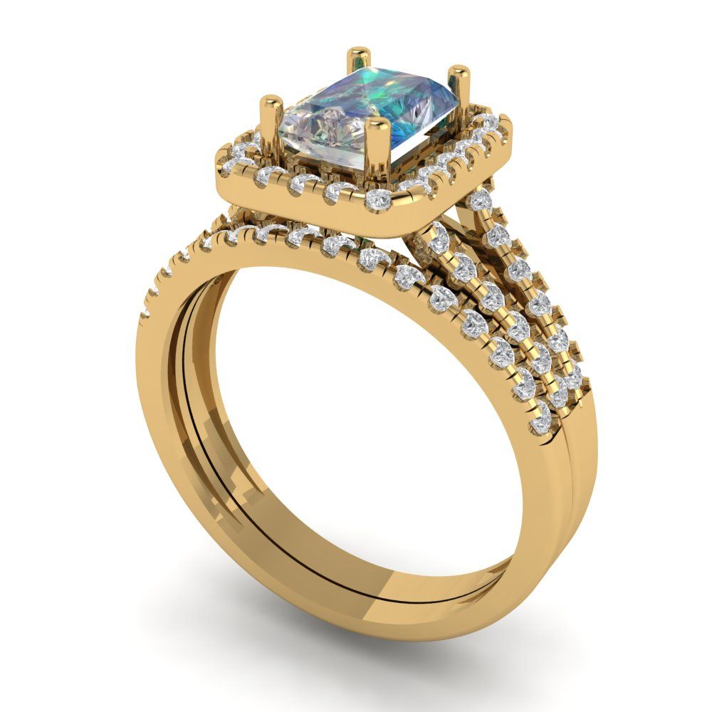 1.72 cttw Emerald Cut Blue Moissanite Bridal Set - Solid Yellow Gold Engagement Ring & Wedding Band