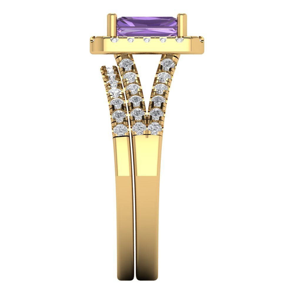 1.72 cttw Emerald Cut Simulated Alexandrite Bridal Set - Solid Yellow Gold Engagement Ring & Wedding Band