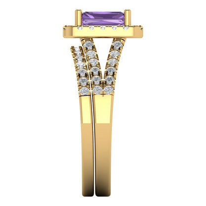 1.72 cttw Emerald Cut Simulated Alexandrite Bridal Set - Solid Yellow Gold Engagement Ring & Wedding Band