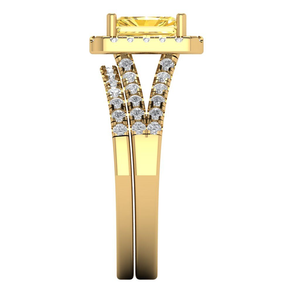 1.72 cttw Emerald Cut Simulated Yellow Diamond Bridal Set - Solid Yellow Gold Engagement Ring & Wedding Band