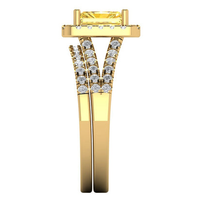 1.72 cttw Emerald Cut Simulated Yellow Diamond Bridal Set - Solid Yellow Gold Engagement Ring & Wedding Band