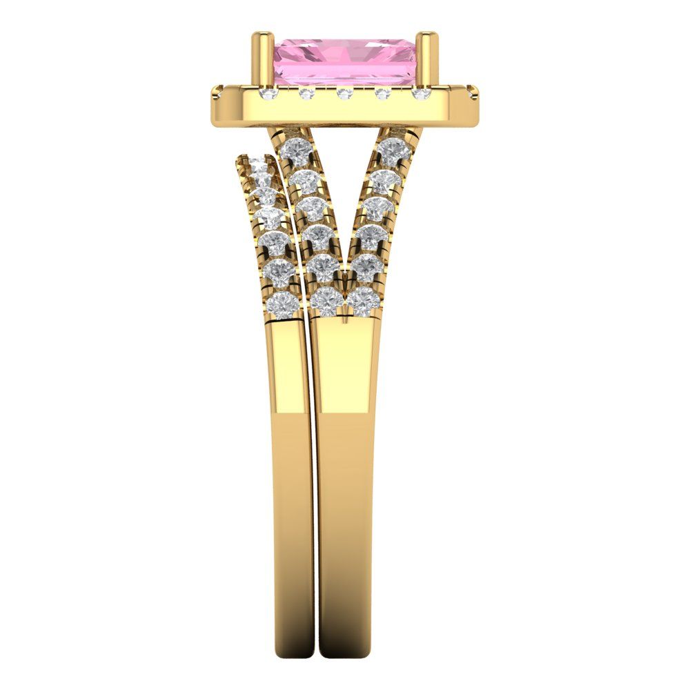 1.72 cttw Emerald Cut Simulated Pink Diamond Bridal Set - Solid Yellow Gold Engagement Ring & Wedding Band