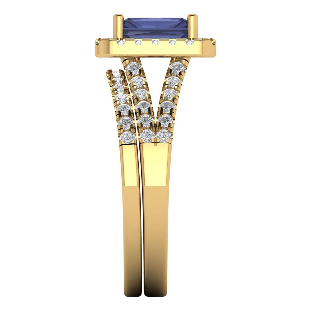 1.72 cttw Emerald Cut Simulated Blue Sapphire Bridal Set - Solid Yellow Gold Engagement Ring & Wedding Band