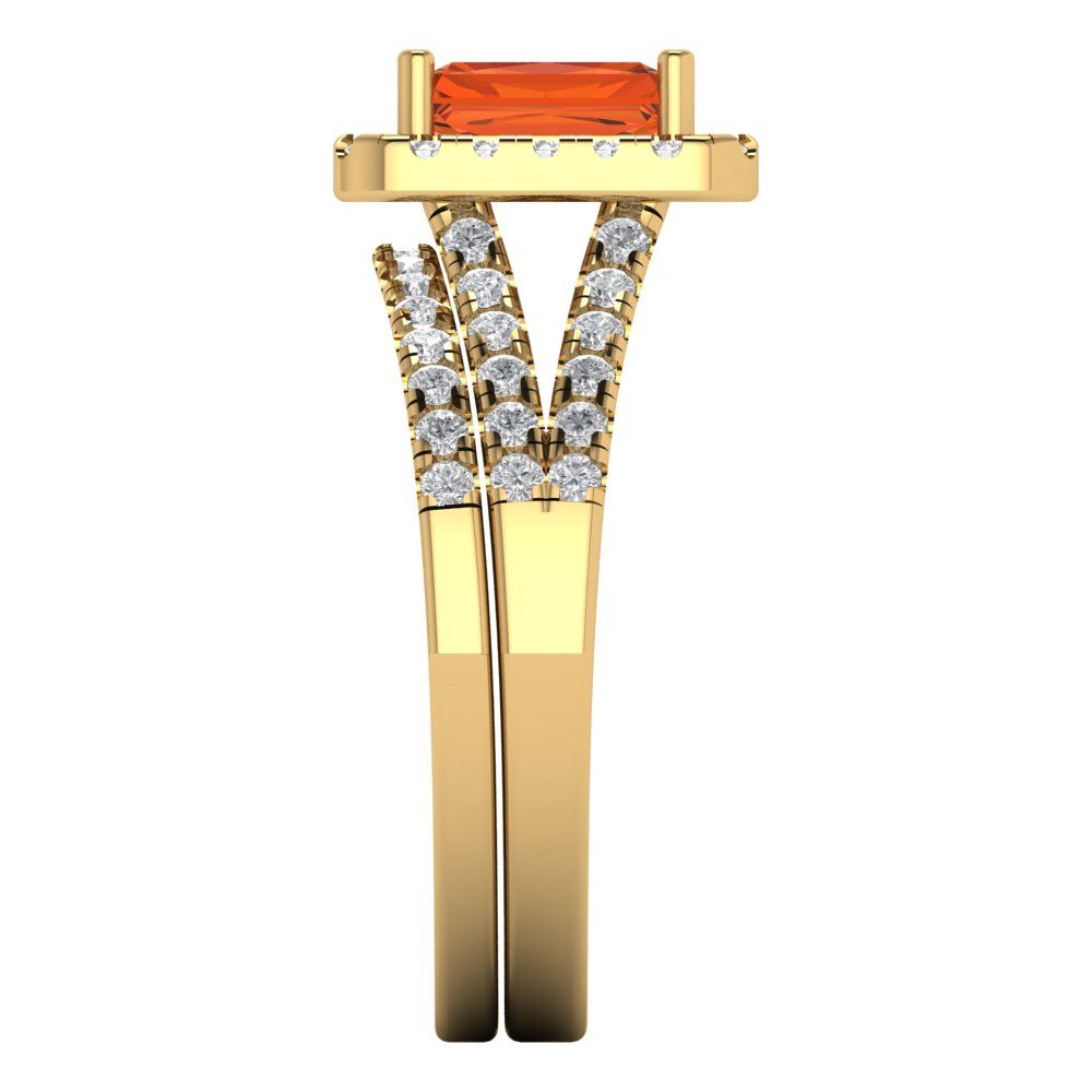 1.72 cttw Emerald Cut Simulated Red Diamond Bridal Set - Solid Yellow Gold Engagement Ring & Wedding Band