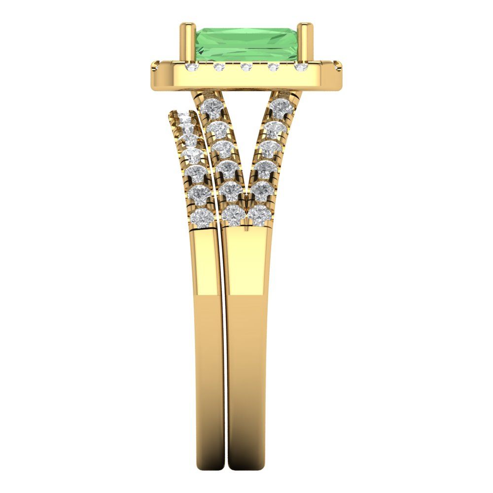 1.72 cttw Emerald Cut Simulated Green Diamond Bridal Set - Solid Yellow Gold Engagement Ring & Wedding Band