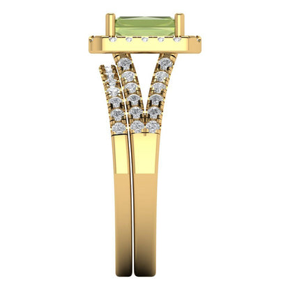 1.72 cttw Emerald Cut Natural Peridot Bridal Set - Solid Yellow Gold Engagement Ring & Wedding Band