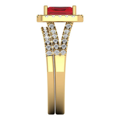 1.72 cttw Emerald Cut Simulated Pink Tourmaline Bridal Set - Solid Yellow Gold Engagement Ring & Wedding Band