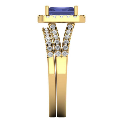 1.72 cttw Emerald Cut Simulated Tanzanite Bridal Set - Solid Yellow Gold Engagement Ring & Wedding Band