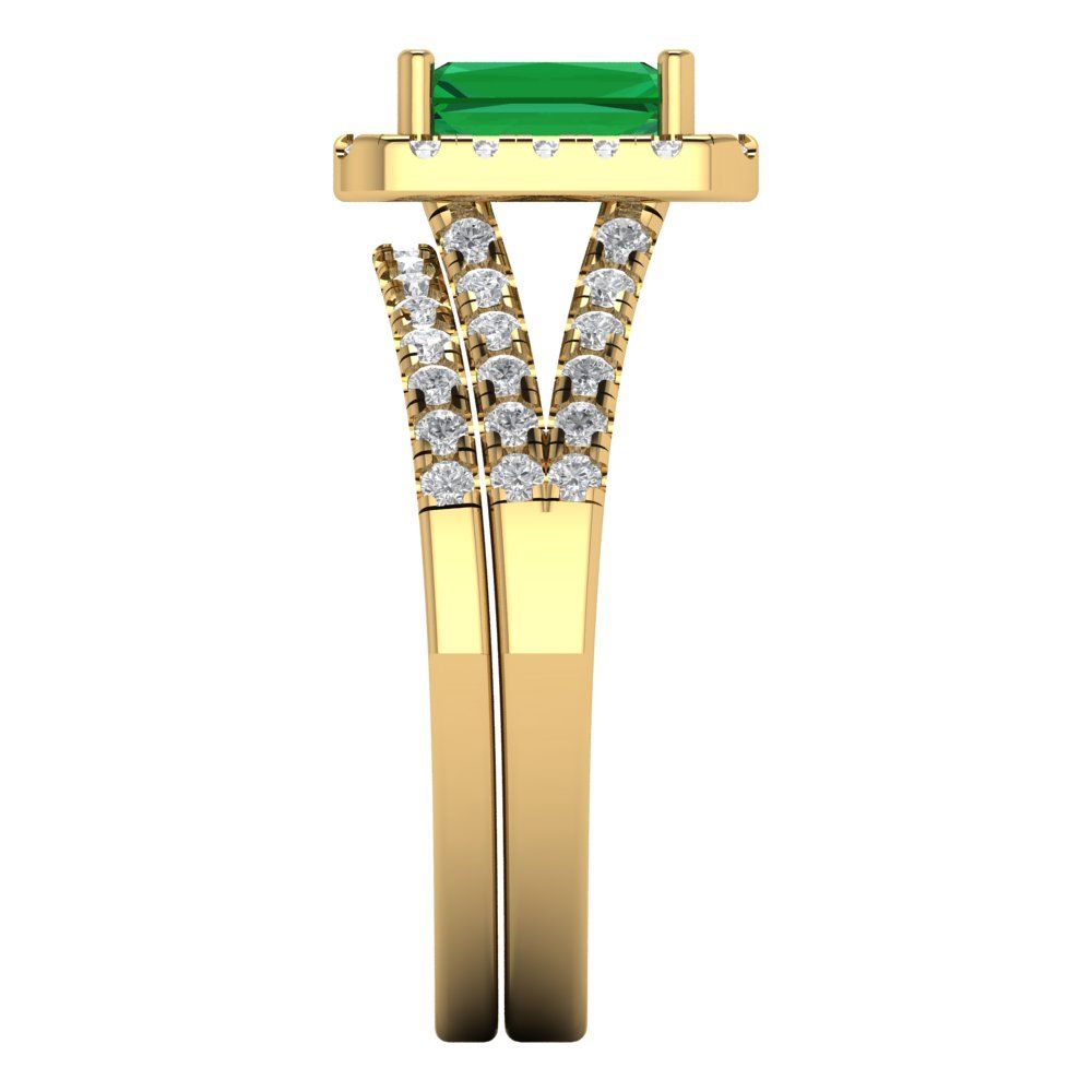 1.72 cttw Emerald Cut Simulated Emerald Bridal Set - Solid Yellow Gold Engagement Ring & Wedding Band