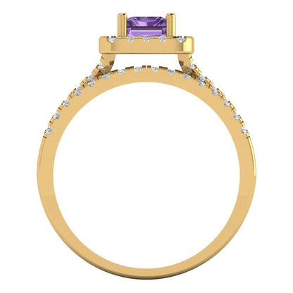 1.72 cttw Emerald Cut Simulated Alexandrite Bridal Set - Solid Yellow Gold Engagement Ring & Wedding Band