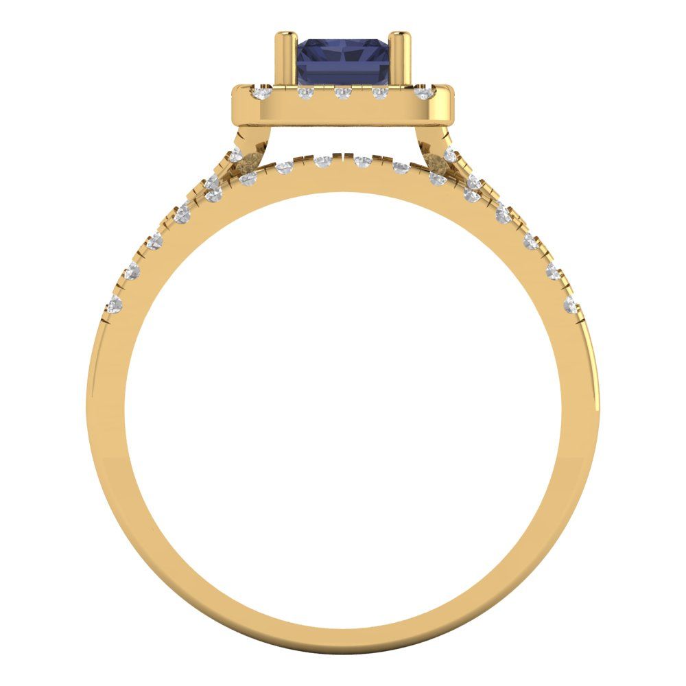 1.72 cttw Emerald Cut Simulated Blue Sapphire Bridal Set - Solid Yellow Gold Engagement Ring & Wedding Band