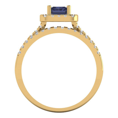 1.72 cttw Emerald Cut Simulated Blue Sapphire Bridal Set - Solid Yellow Gold Engagement Ring & Wedding Band