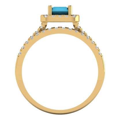 1.72 cttw Emerald Cut Simulated Turquoise Bridal Set - Solid Yellow Gold Engagement Ring & Wedding Band