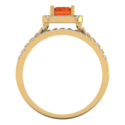 1.72 cttw Emerald Cut Simulated Pink Tourmaline Bridal Set - Solid Yellow Gold Engagement Ring & Wedding Band