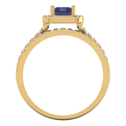 1.72 cttw Emerald Cut Simulated Tanzanite Bridal Set - Solid Yellow Gold Engagement Ring & Wedding Band