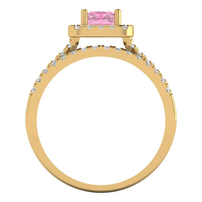 1.72 cttw Emerald Cut Simulated Pink Diamond Bridal Set - Solid Yellow Gold Engagement Ring & Wedding Band