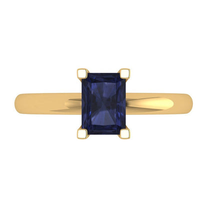 1 cttw Simulated Blue Sapphire Solitaire  Engagement Ring - Solid Gold (Emerald Cut,7X5mm)