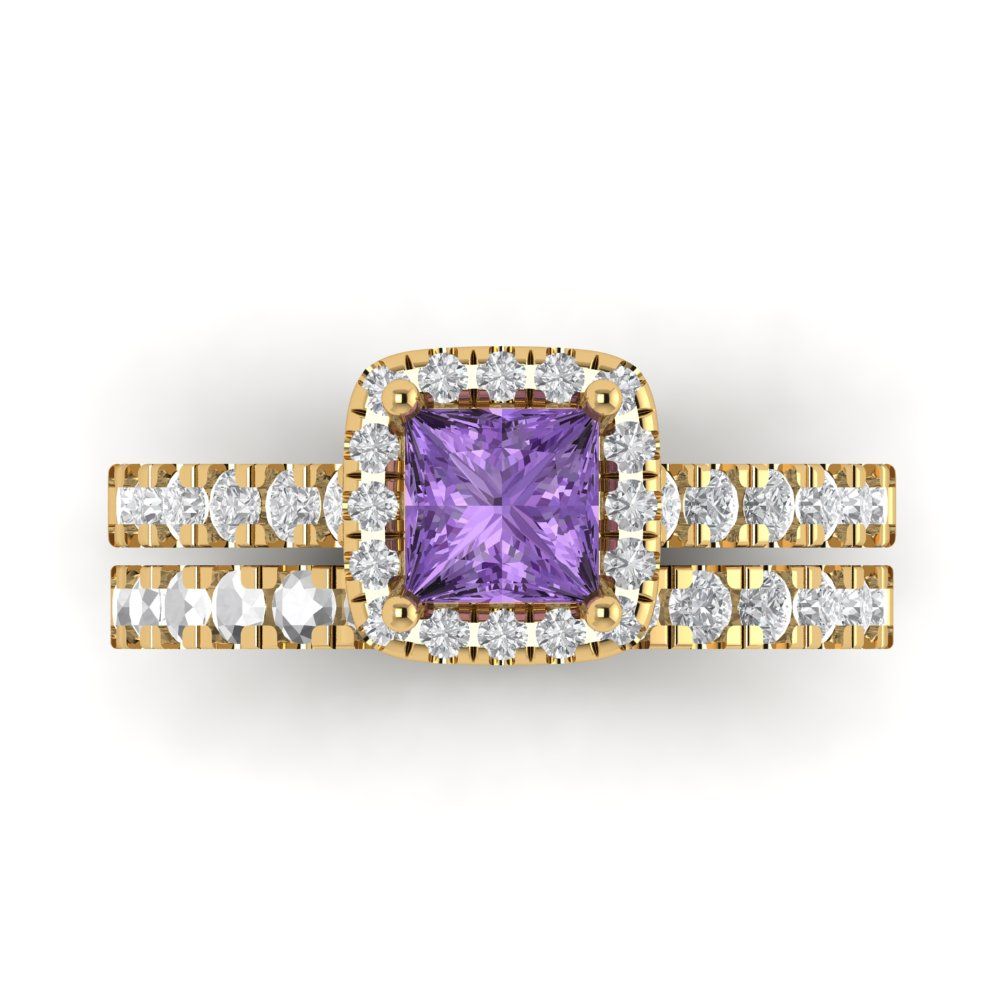 1.56 cttw Princess Cut Simulated Alexandrite Bridal Set - Solid Yellow Gold Engagement Ring & Wedding Band