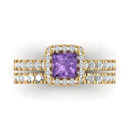 1.56 cttw Princess Cut Simulated Alexandrite Bridal Set - Solid Yellow Gold Engagement Ring & Wedding Band