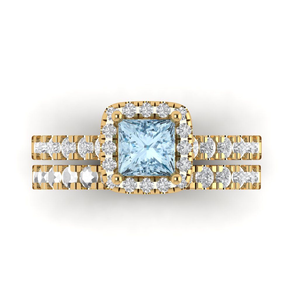 1.56 cttw Princess Cut Natural Swiss Blue Topaz Bridal Set - Solid Yellow Gold Engagement Ring & Wedding Band