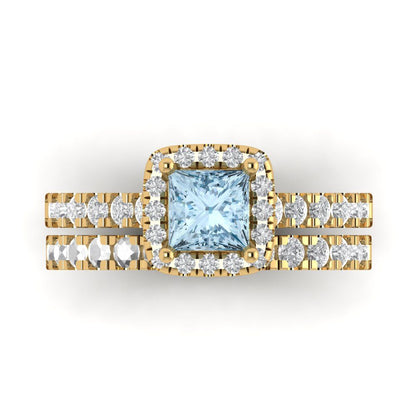 1.56 cttw Princess Cut Natural Swiss Blue Topaz Bridal Set - Solid Yellow Gold Engagement Ring & Wedding Band