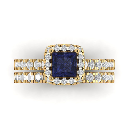 1.56 cttw Princess Cut Simulated Blue Sapphire Bridal Set - Solid Yellow Gold Engagement Ring & Wedding Band