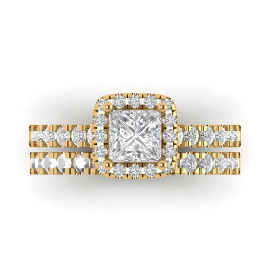 1.56 cttw Princess Cut Moissanite Bridal Set - Solid Yellow Gold Engagement Ring & Wedding Band