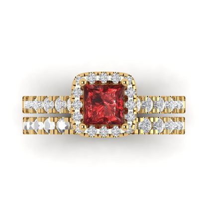 1.56 cttw Princess Cut Natural Garnet Bridal Set - Solid Yellow Gold Engagement Ring & Wedding Band