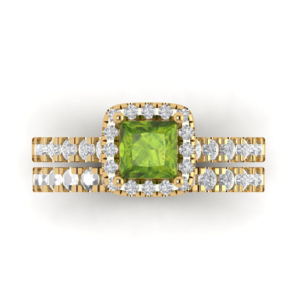1.56 cttw Princess Cut Natural Peridot Bridal Set - Solid Yellow Gold Engagement Ring & Wedding Band