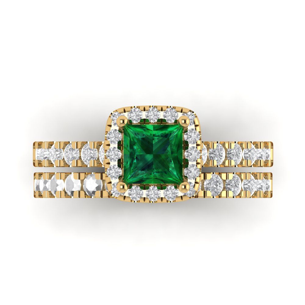 1.56 cttw Princess Cut Simulated Emerald Bridal Set - Solid Yellow Gold Engagement Ring & Wedding Band