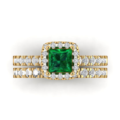 1.56 cttw Princess Cut Simulated Emerald Bridal Set - Solid Yellow Gold Engagement Ring & Wedding Band