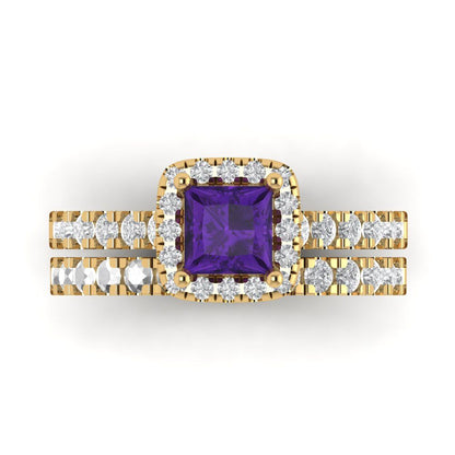 1.56 cttw Princess Cut Natural Amethyst Bridal Set - Solid Yellow Gold Engagement Ring & Wedding Band