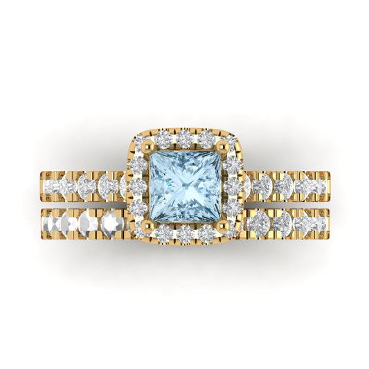 1.56 cttw Princess Cut Natural Aquamarine Bridal Set - Solid Yellow Gold Engagement Ring & Wedding Band