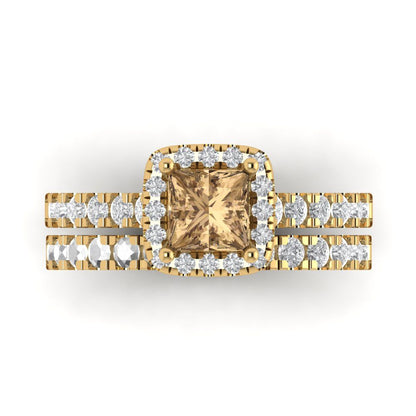 1.56 cttw Princess Cut Simulated Champagne Diamond Bridal Set - Solid Yellow Gold Engagement Ring & Wedding Band
