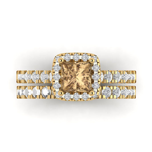 1.56 cttw Princess Cut Simulated Champagne Diamond Bridal Set - Solid Yellow Gold Engagement Ring & Wedding Band