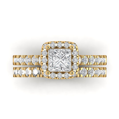 1.56 cttw Princess Cut White Sapphire Bridal Set - Solid Yellow Gold Engagement Ring & Wedding Band