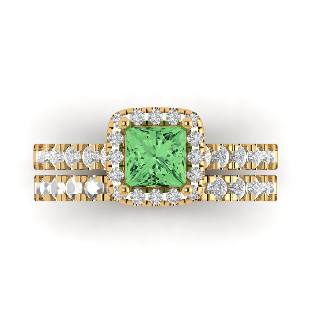 1.56 cttw Princess Cut Simulated Green Diamond Bridal Set - Solid Yellow Gold Engagement Ring & Wedding Band