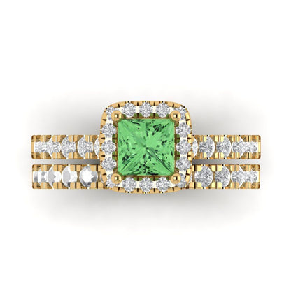1.56 cttw Princess Cut Simulated Green Diamond Bridal Set - Solid Yellow Gold Engagement Ring & Wedding Band