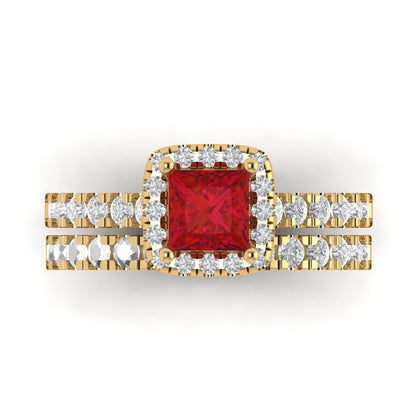 1.56 cttw Princess Cut Simulated Ruby Bridal Set - Solid Yellow Gold Engagement Ring & Wedding Band