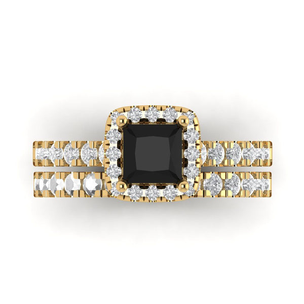 2.01 ct Brilliant Princess Cut Natural Onyx Stone Yellow Gold Halo Solitaire with Accents Bridal Set