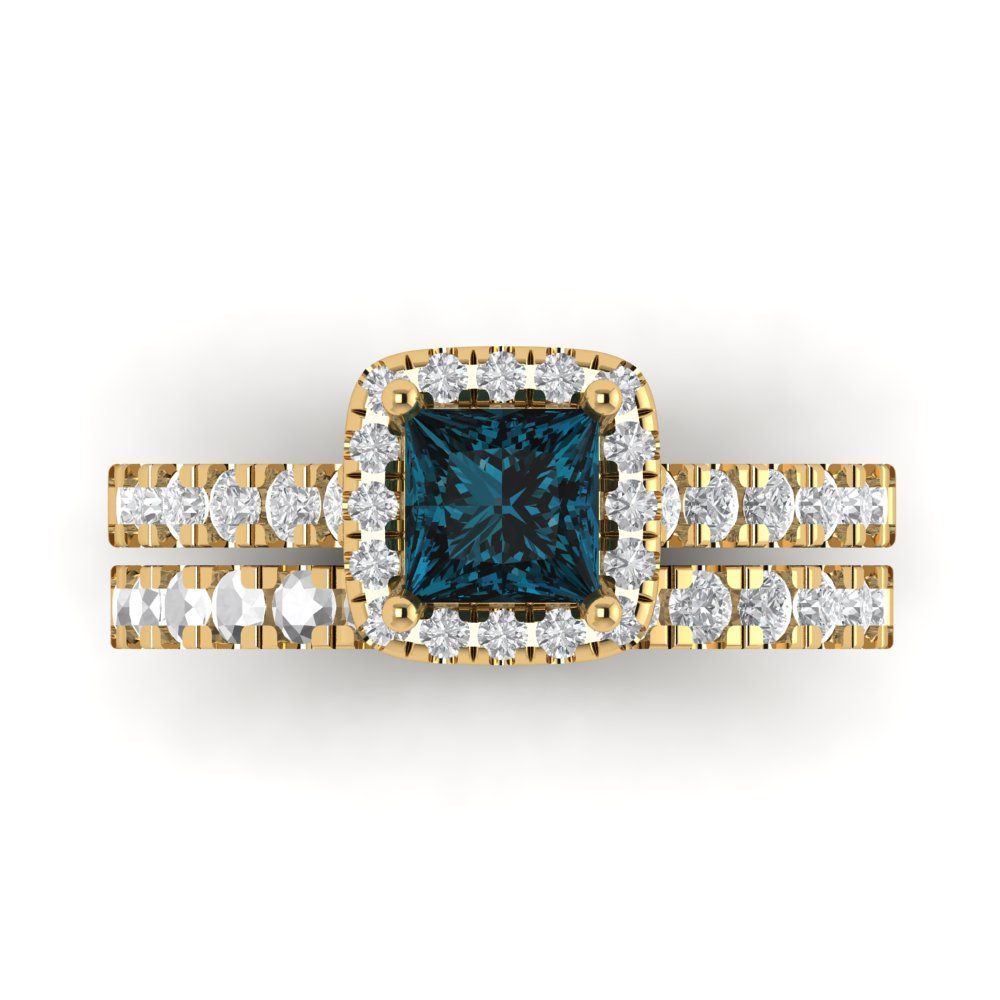 1.56 cttw Princess Cut Natural London Blue Topaz Bridal Set - Solid Yellow Gold Engagement Ring & Wedding Band