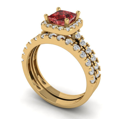 1.56 cttw Princess Cut Natural Garnet Bridal Set - Solid Yellow Gold Engagement Ring & Wedding Band