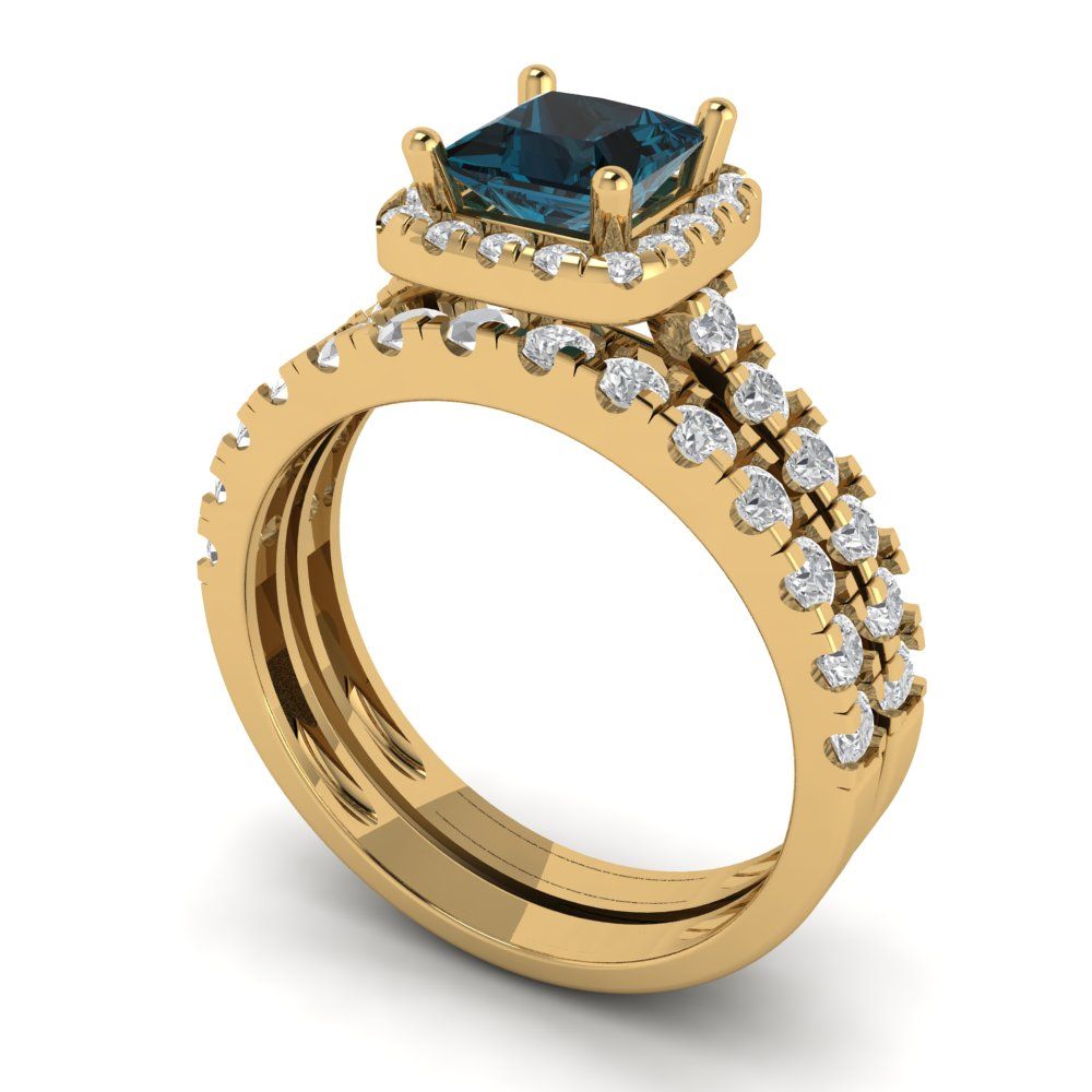 1.56 cttw Princess Cut Natural London Blue Topaz Bridal Set - Solid Yellow Gold Engagement Ring & Wedding Band